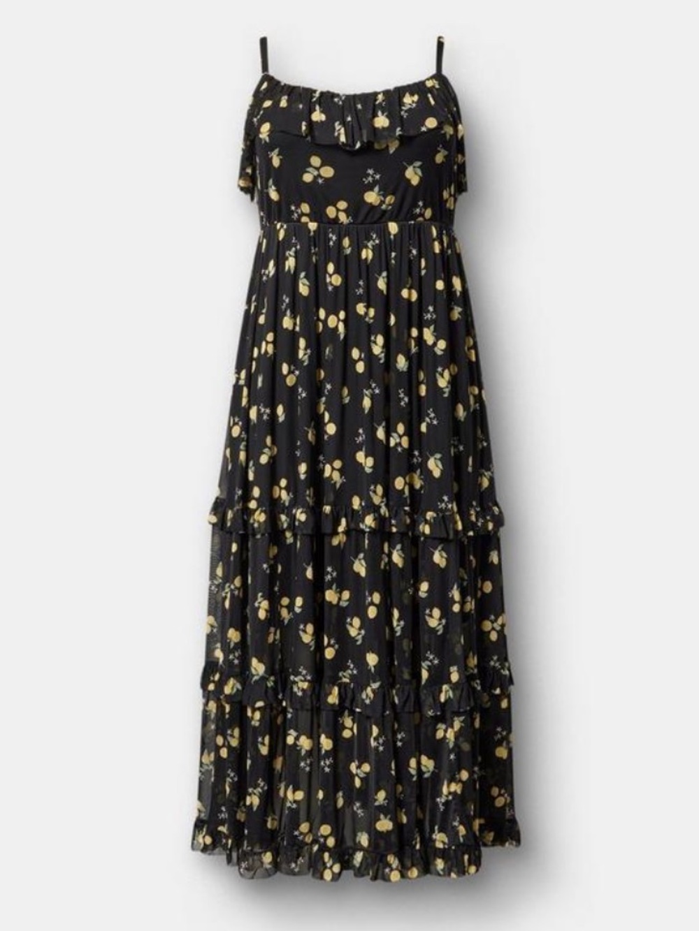 Mesh V-Neck Tiered Lemon Print Maxi Dress size 1